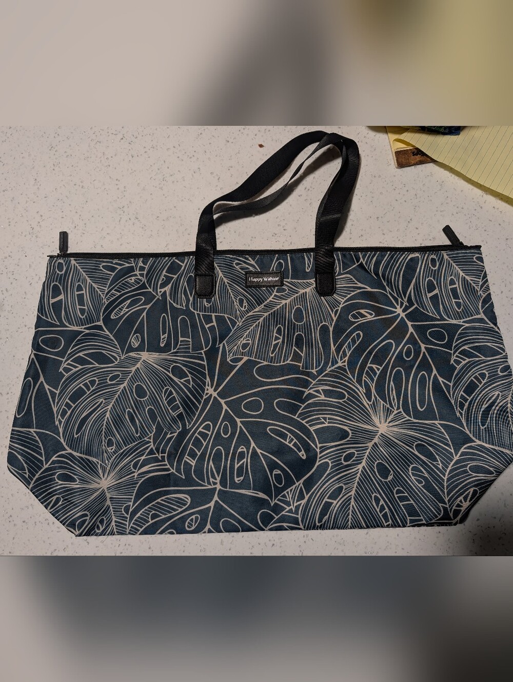 Happy Wahine Tomoko Navy Monstera Leaf Tote Bag
